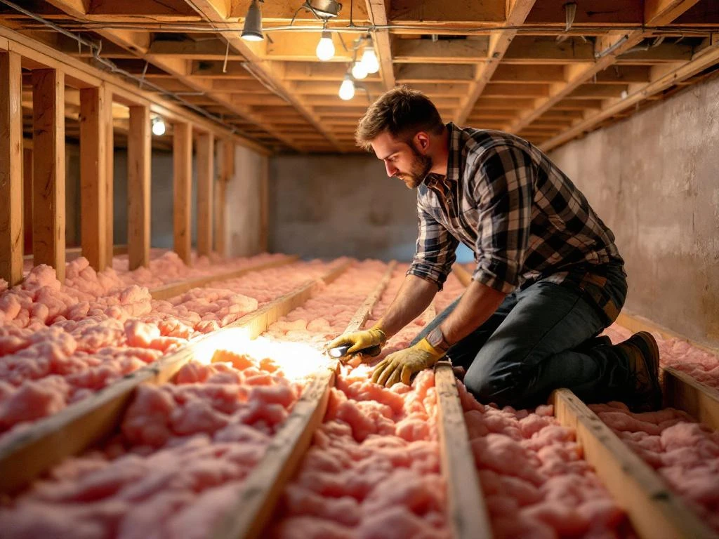 Aannemer inspecteert roze glaswol isolatie tussen houten balken in kelder met zaklamp