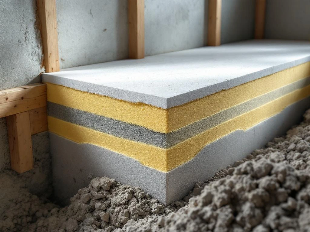 Doorsnede betonvloer met isolatieplaten tussen betonlagen, thermische brug preventie en professionele installatie
