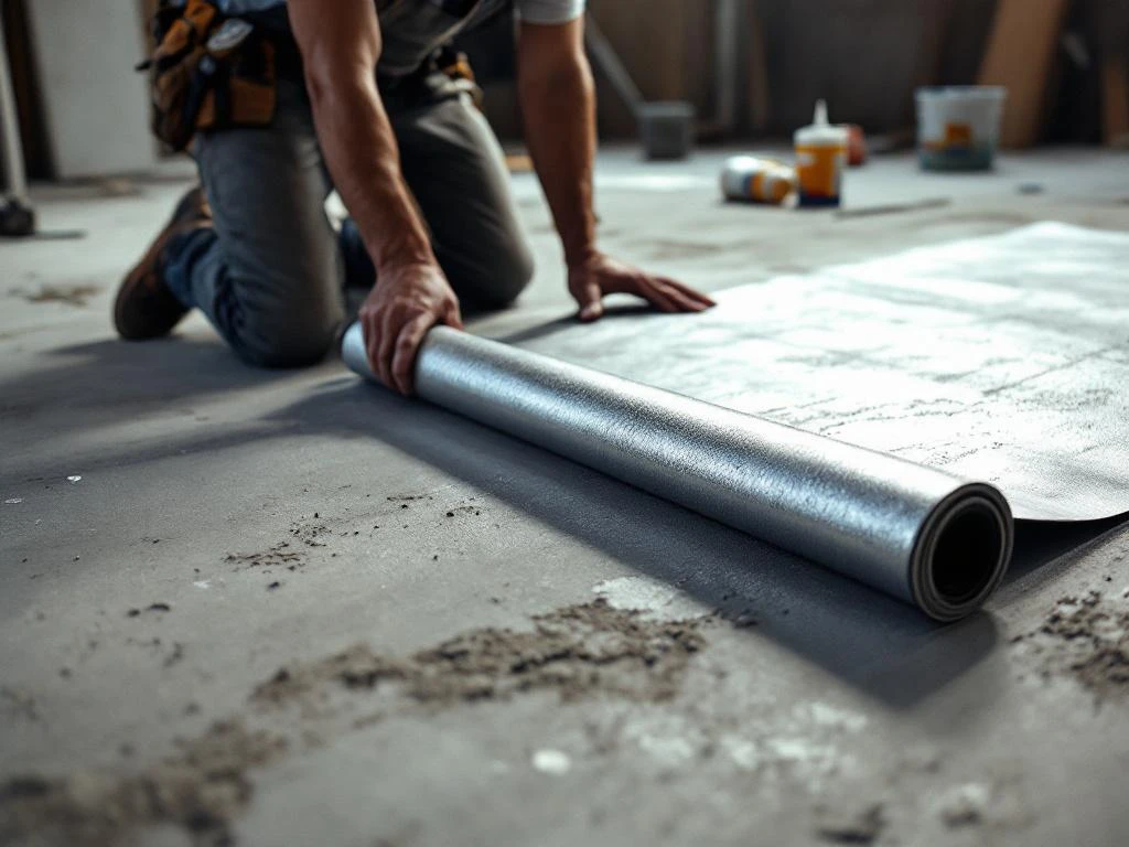 Bouwvakker installeert zilveren isolatiemateriaal op betonnen vloer met gereedschap en lijm in de buurt