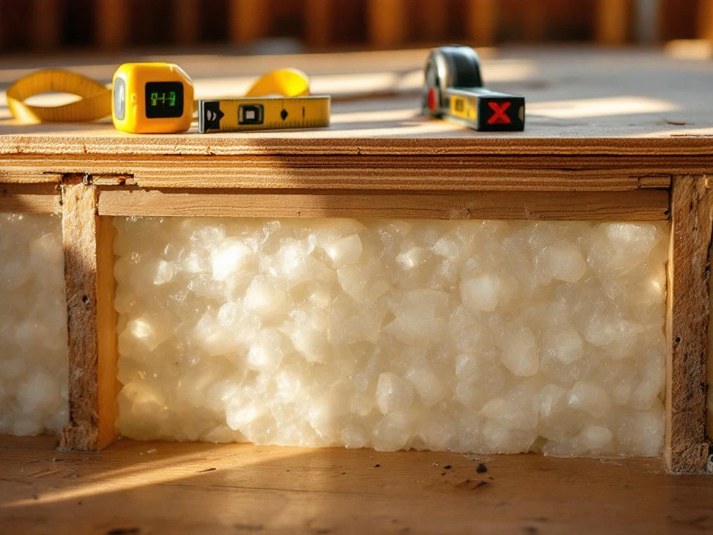 Doorsnede houten vloer met cellulaire glasisolatie tussen balken, meetlint en waterpas op vloerdelen in natuurlijk licht