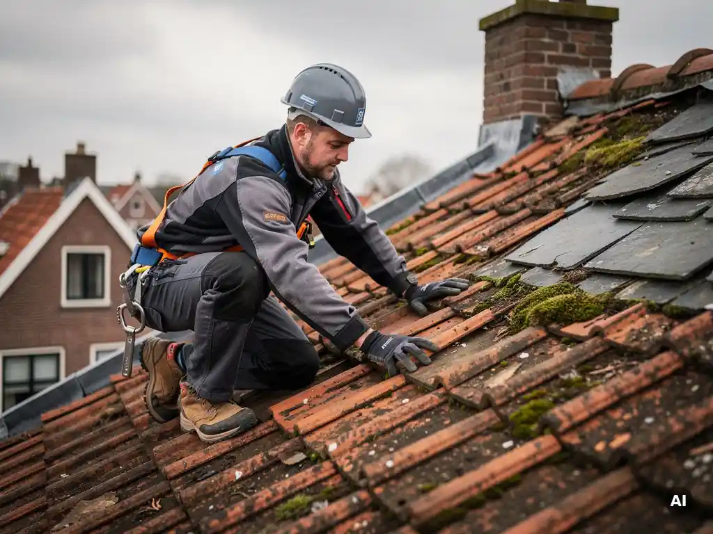Dakspecialist inspecteert versleten dakpannen op hellend woonhuisdak onder bewolkte Nederlandse lucht.