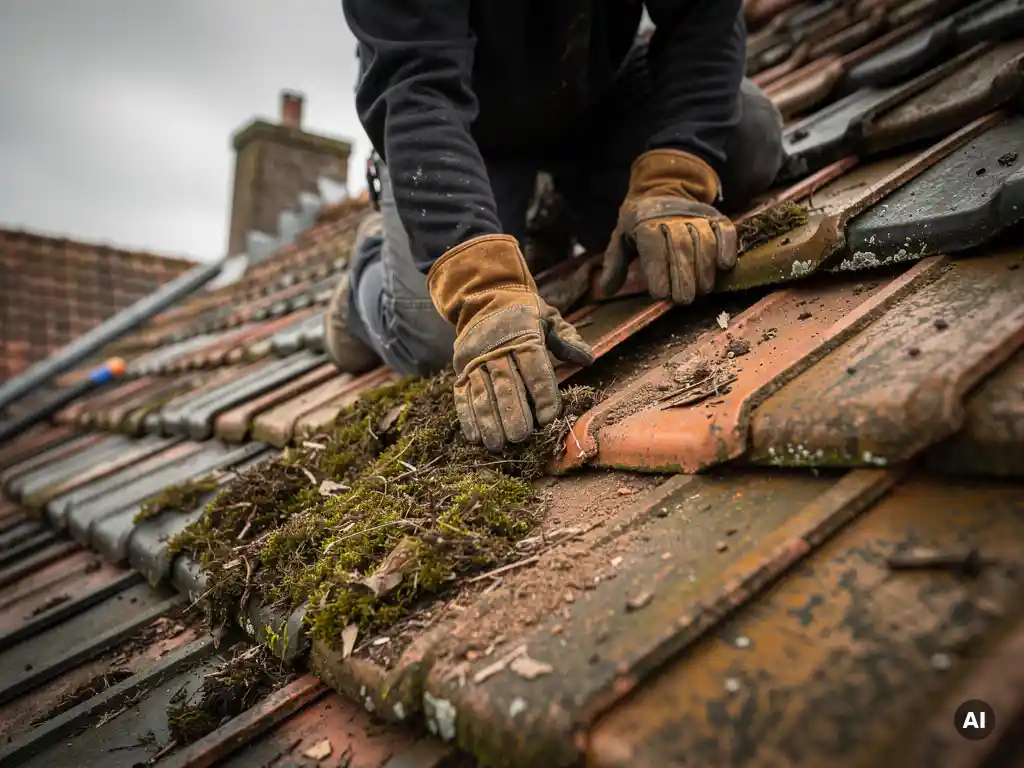 Dakdekker verwijdert mos van terracotta dakpannen op steil Nederlands woonhuis vóór isolatiewerkzaamheden.