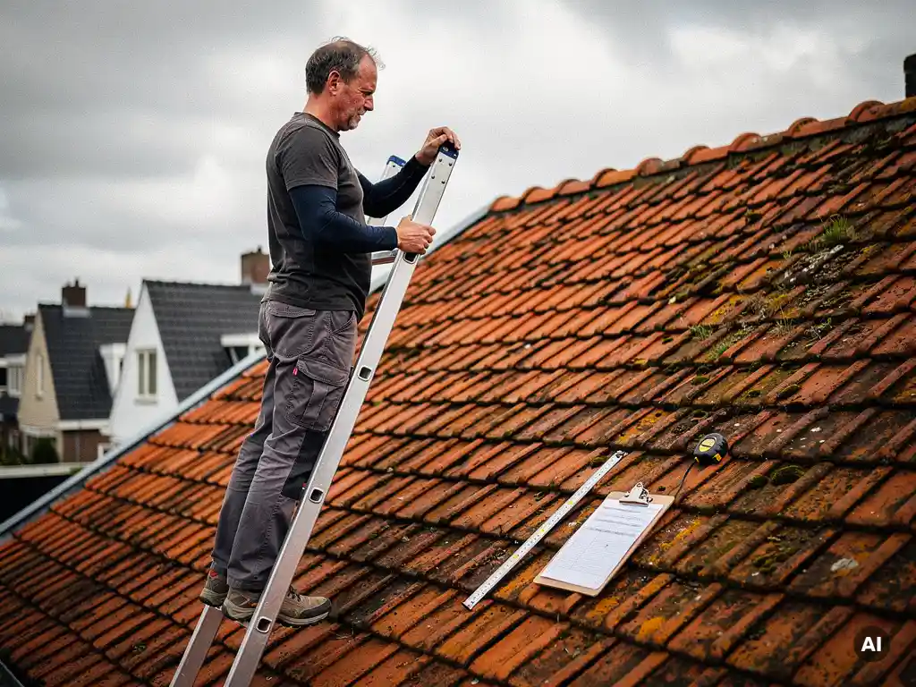 Dakdekker op ladder die terracotta dakpannen inspecteert, met klembord en meetlint op het Nederlandse woonhuisdak.