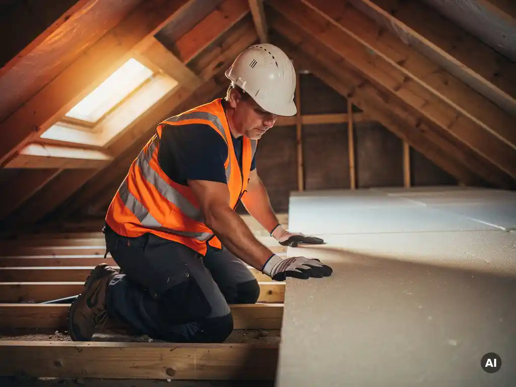 Isolatiemonteur in veiligheidsvest inspecteert dakisolatiepanelen op zolder, hand glijdt over naadloos schuimoppervlak in warm amberkleurig licht.