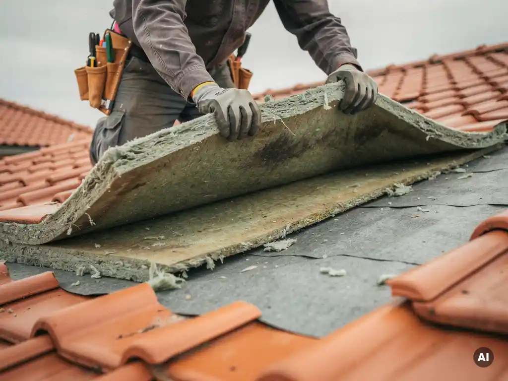 Dakisolatiemedewerker tilt bestaande isolatielaag op terracotta pannendak om slijtage te inspecteren.