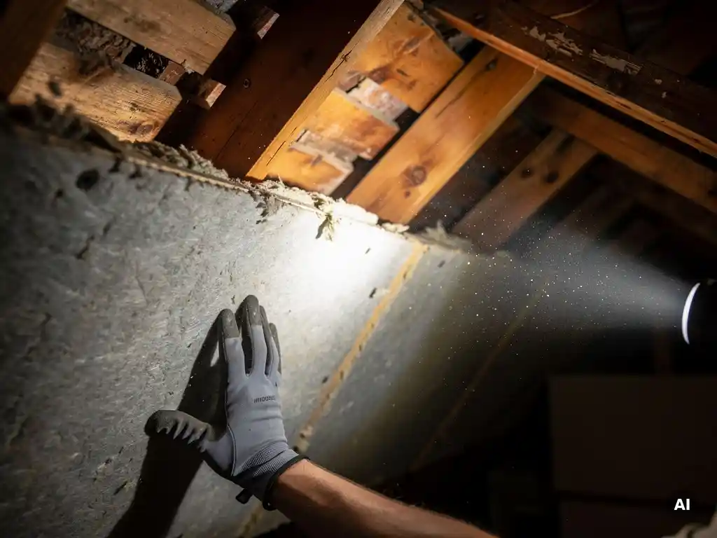 Gehandschoende hand die verouderde isolatie inspecteert tussen houten dakspanten in een stoffige zolder, verlicht door een zaklamp.