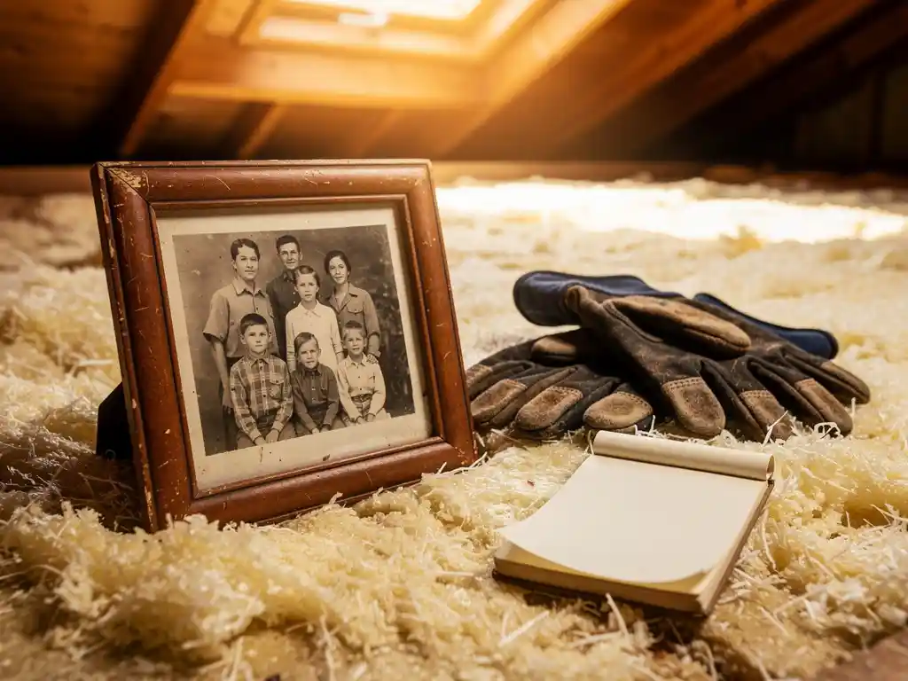 Verouderde familiefoto in versleten leren lijst op pas geïsoleerde zoldervloer, naast werkhandschoenen en notitieboekje, warm ochtendlicht.