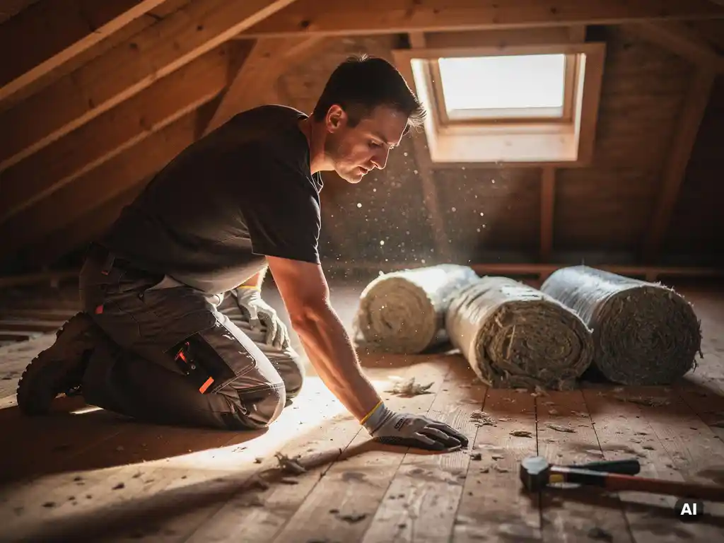 Vakman knielt op houten zoldervloer en inspecteert ondergrond voor het leggen van minerale wol isolatierollenrollers.

Wait, let me redo this properly.

Isolatiemonteur knielt op kale houten zoldervloer en inspecteert het oppervlak voor het plaatsen van minerale wol isolatie.