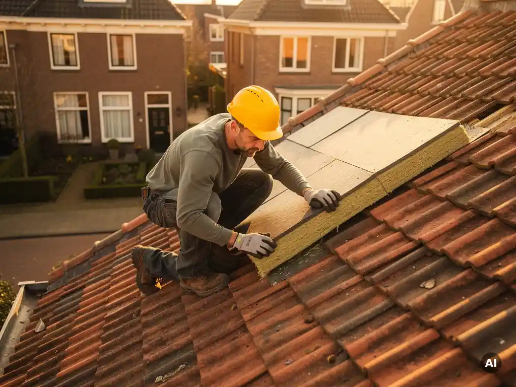 Huiseigenaar met bouwhelm inspecteert dakisolatie onder keramische dakpannen op woning in Nederlandse woonwijk.