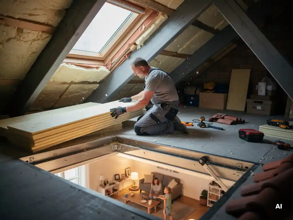 Dakisolatie monteur plaatst isolatiepanelen in zolder terwijl gezin beneden zichtbaar is via het luik, warm binnenlight.