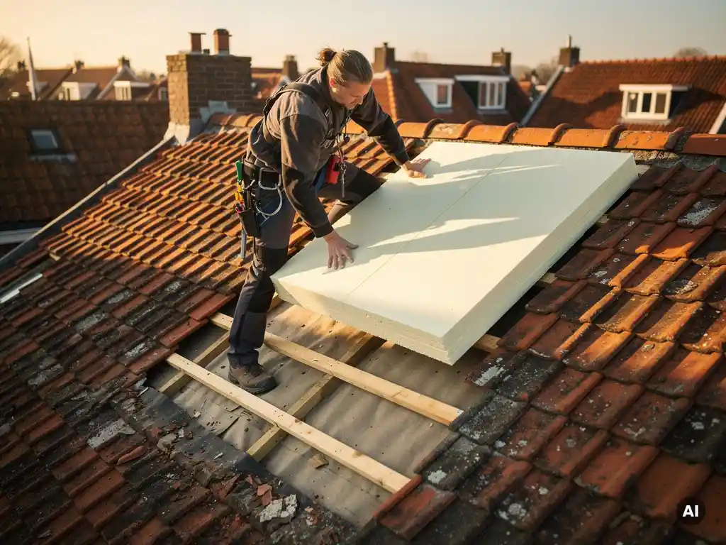 Dakspecialist installeert isolatiepanelen onder terracotta dakpannen van een woning in Nederlandse wijk bij middagzon.