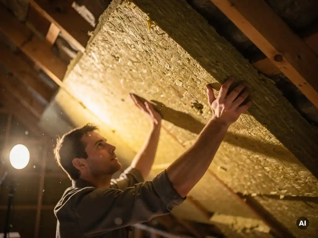 Vakman die minerale wolpanelen installeert tegen het dakbeschot van een schuin dak, houten gordingen zichtbaar tussen isolatielagen.