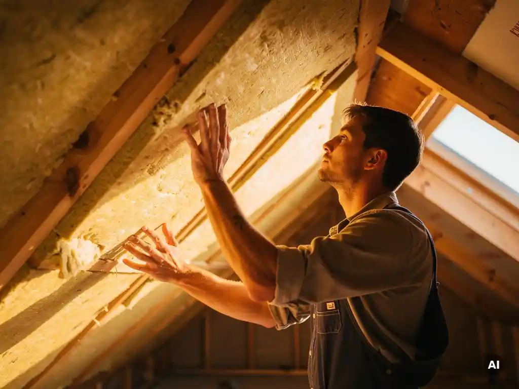 Vakman die minerale wol isolatiepanelen aanbrengt onder een hellend dak, houten dakbalken zichtbaar in warm middaglicht.