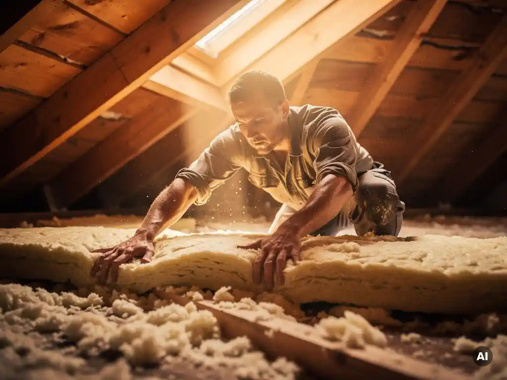 Vakman installeert minerale wol isolatie onder een schuin dak met houten spanten in een warme zolderkamer.
