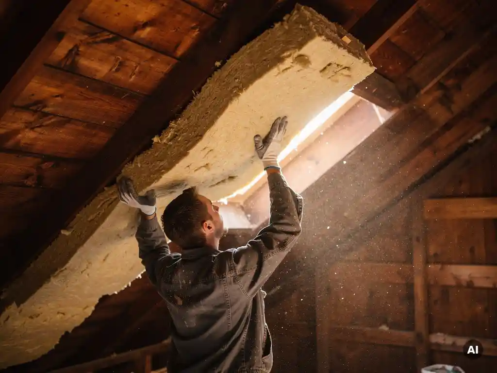 Dakisolatie-installateur die minerale wol tussen houten dakspanten in een zoldervloer plaatst, warm amberkleurig hout en crèmekleurige isolatie.