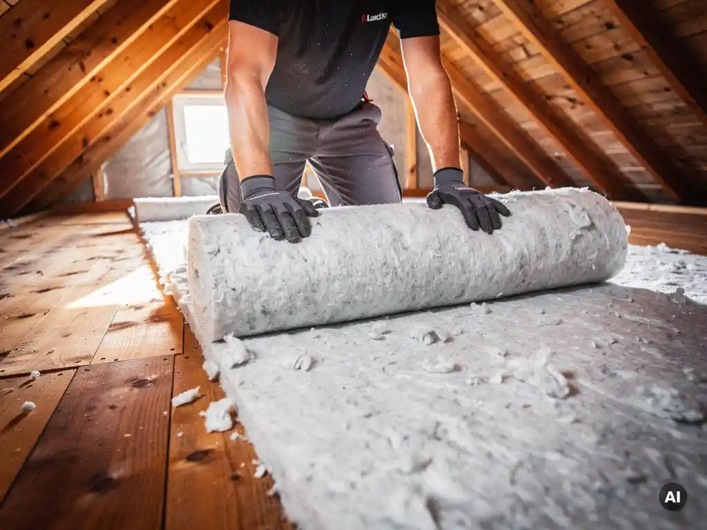 Installateur legt minerale wol isolatie op houten zoldervloer met zichtbare dakspanten in Nederlandse woning.