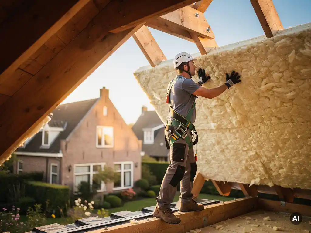 Vakman in veiligheidsharnas installeert minerale wol isolatiepanelen onder hellend dak met zichtbare houten dakbalken.