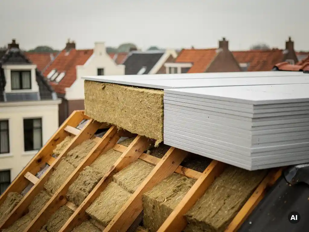 Doorsnede van hellend dak met minerale wolbatts tussen houten spanten naast plat dak met isolatieplaten, Nederlandse woonwijk op achtergrond.