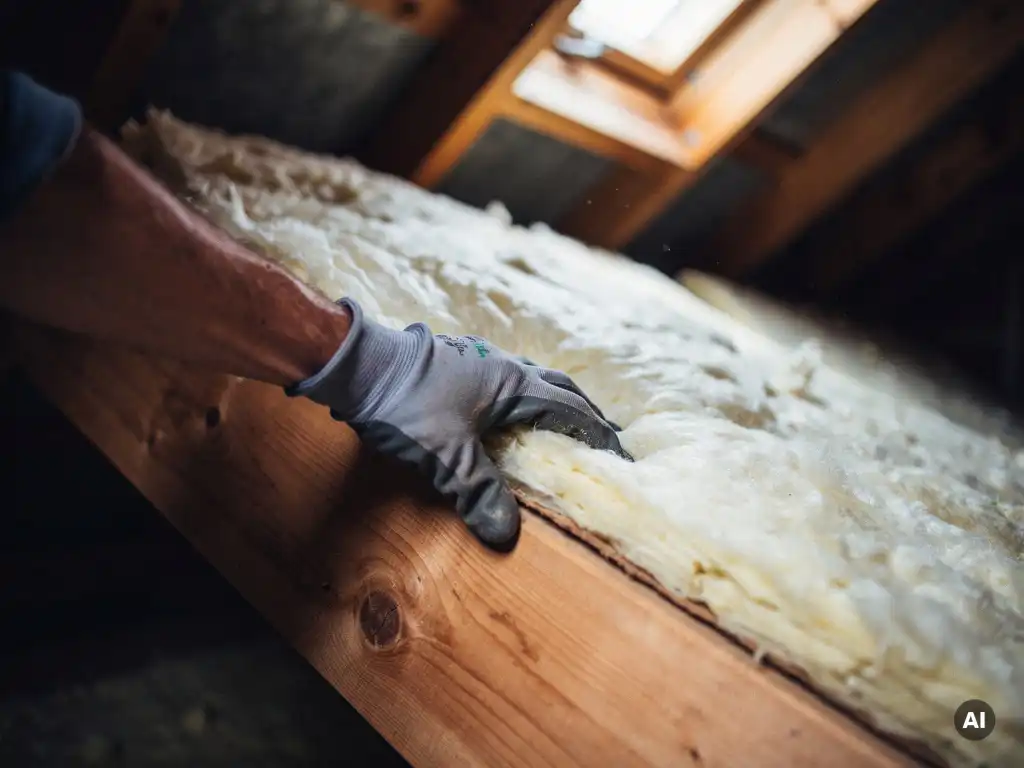 Gehandschoende hand die mineraalwol dakisolatie controleert langs een houten dakspant in een zoldervlieringruimte.