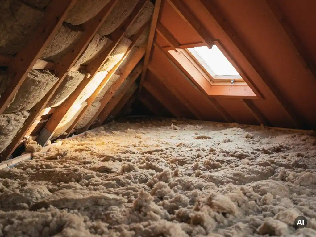 Dakisolatie in Nederlandse zolderkamer met minerale wol tussen dakspanten en op de vloer, warm licht via dakraam.