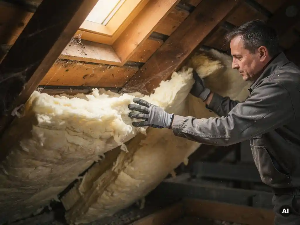 Dakisolatiemedewerker met handschoenen die minerale wolbatts tussen houten dakspanten in donkere zolderruimte plaatst.