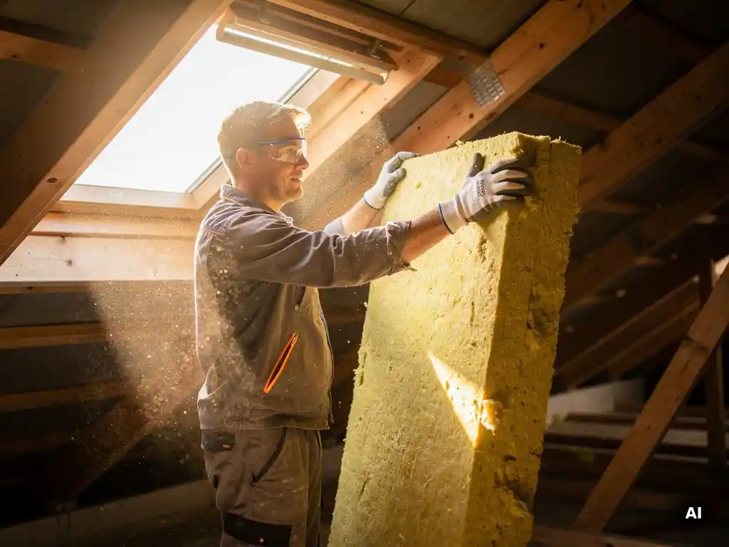 Dakisolatie-installateur plaatst dikke minerale wolpanelen tussen houten dakspanten in een Nederlandse woonzolder.