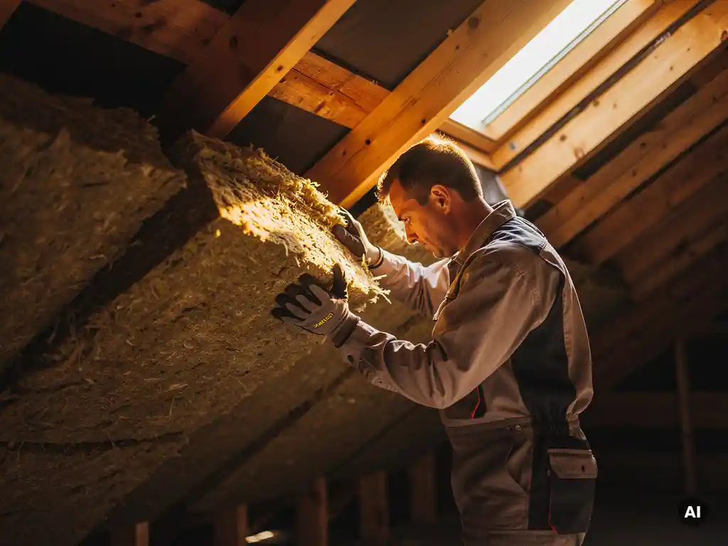 Vakman installeert minerale wol isolatiepanelen onder dakspanten, warm middaglicht door dakraam, close-up van isolatiemateriaal en textuur.