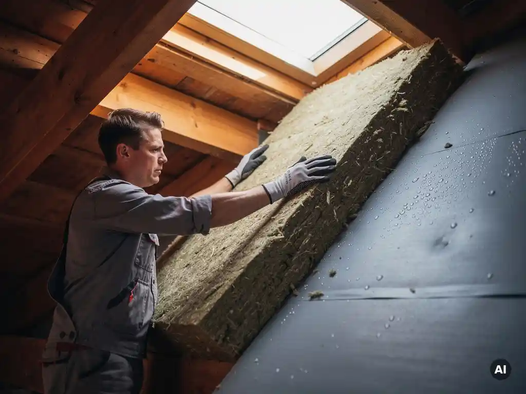 Dakisolatiemonteur die dikke minerale wolpanelen tegen een hellend dakoppervlak drukt, met zichtbare condensatie op ongeïsoleerd hout.