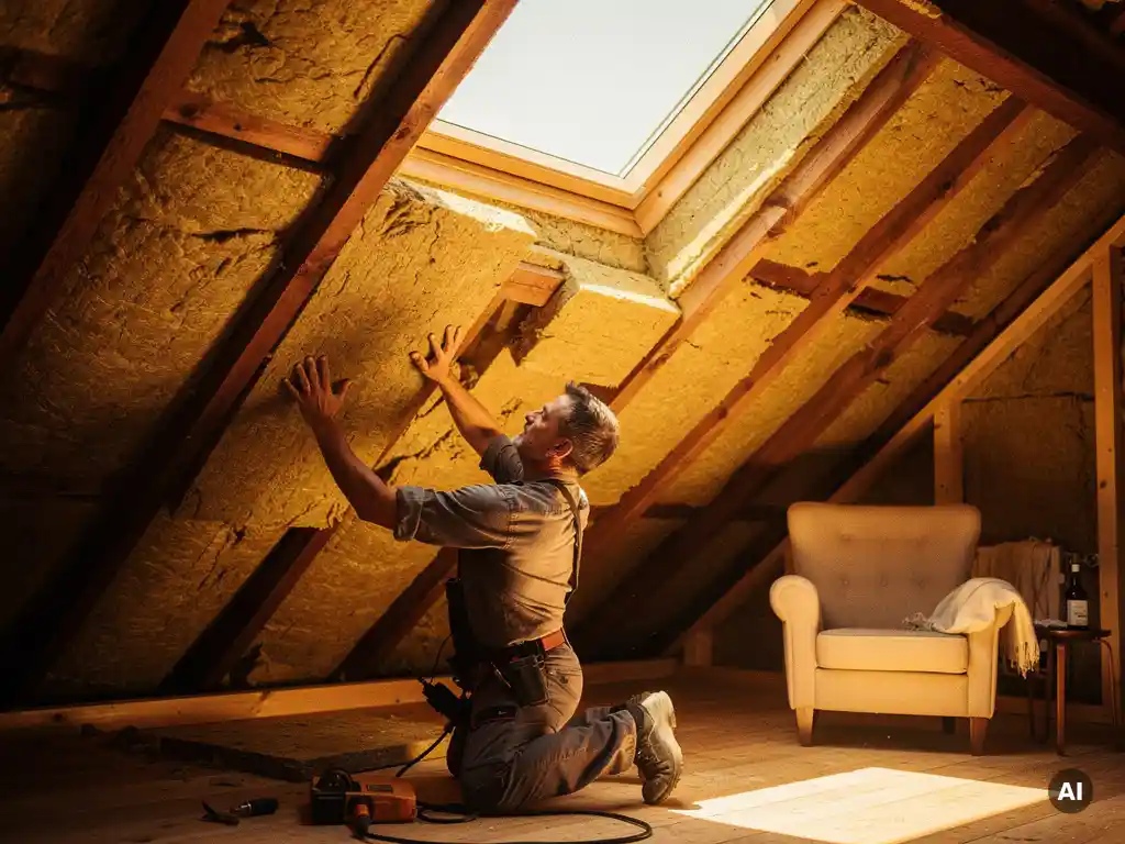 Vakman die minerale wol tussen houten dakspanten installeert in zolderkamer, warm daglicht door dakraam.