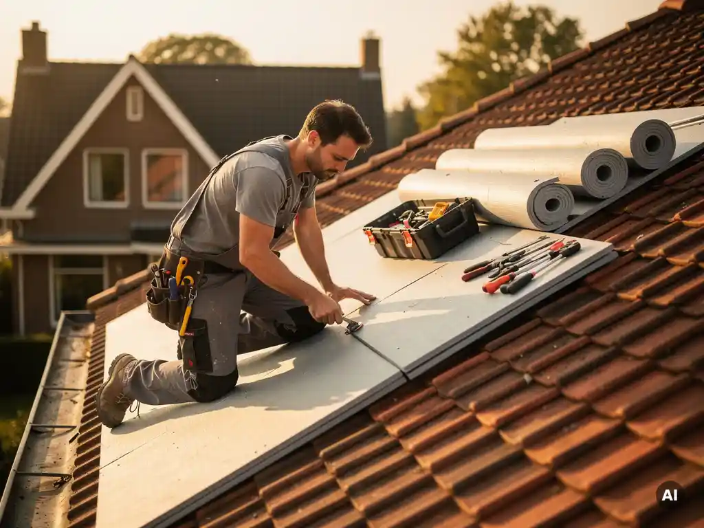 Dakdekker installeert isolatiepanelen op hellend dak van Nederlandse woning in warm middaglicht.