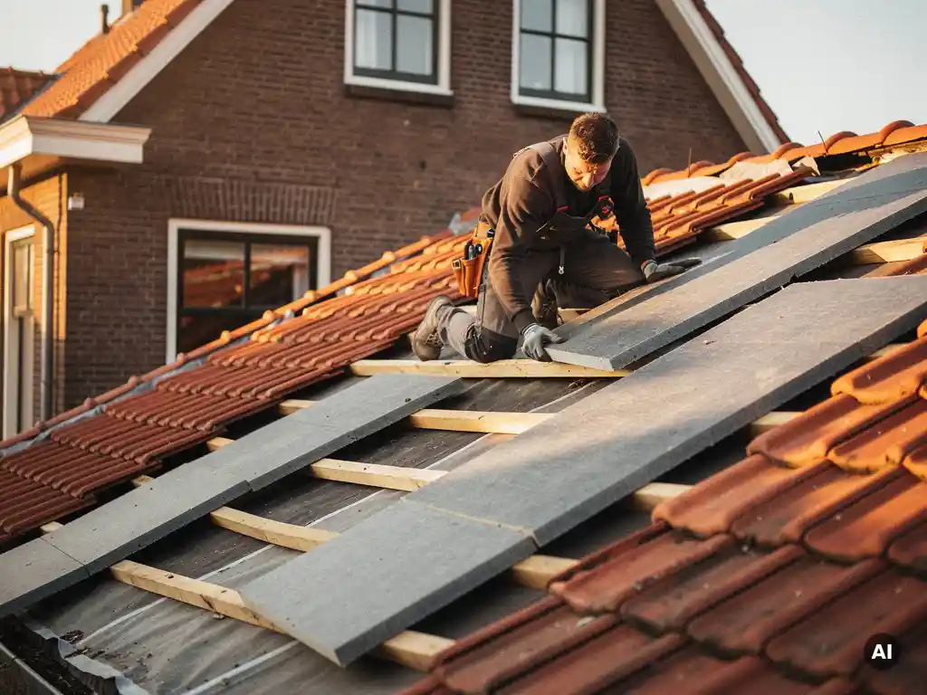 Dakdekker plaatst isolatieplaten onder terracotta dakpannen van Nederlandse woning in warm middaglicht.