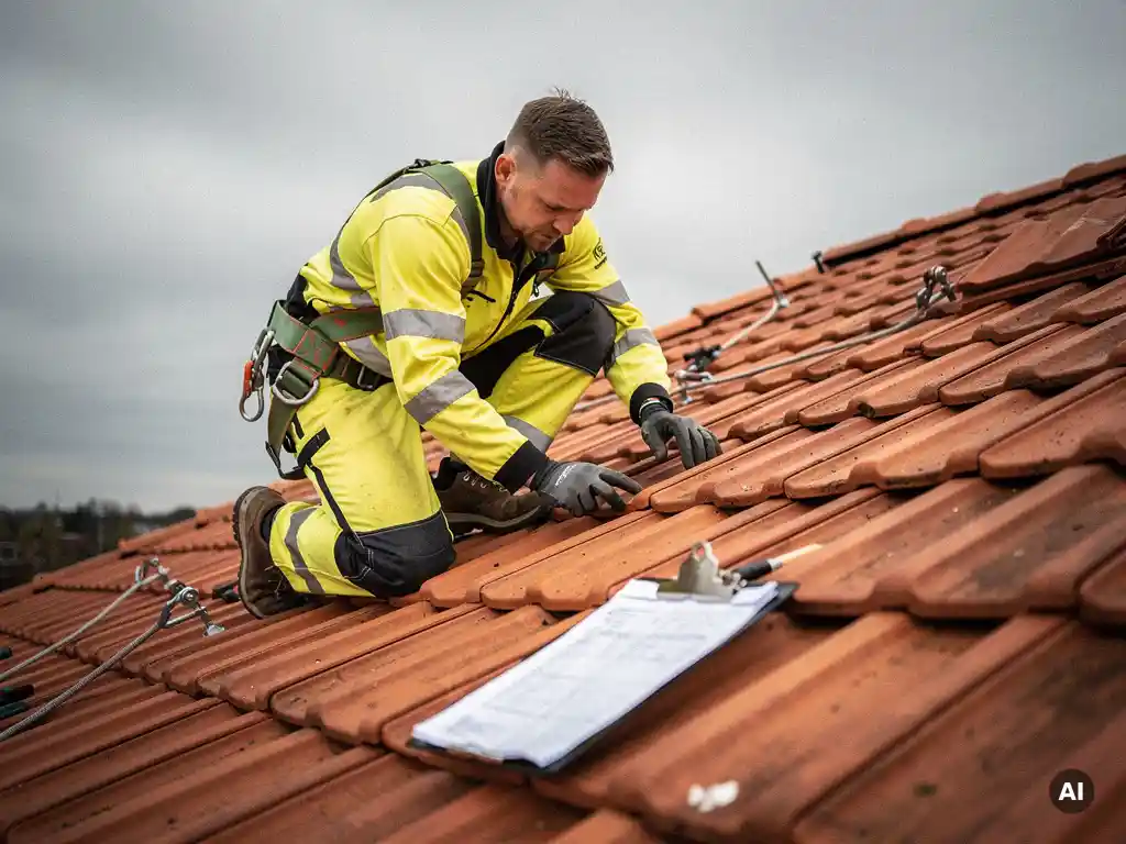 Dakisolatie specialist inspecteert terracotta dakpannen op woonhuis, veiligheidskleding en klembord zichtbaar, bewolkt Nederlands daglicht.