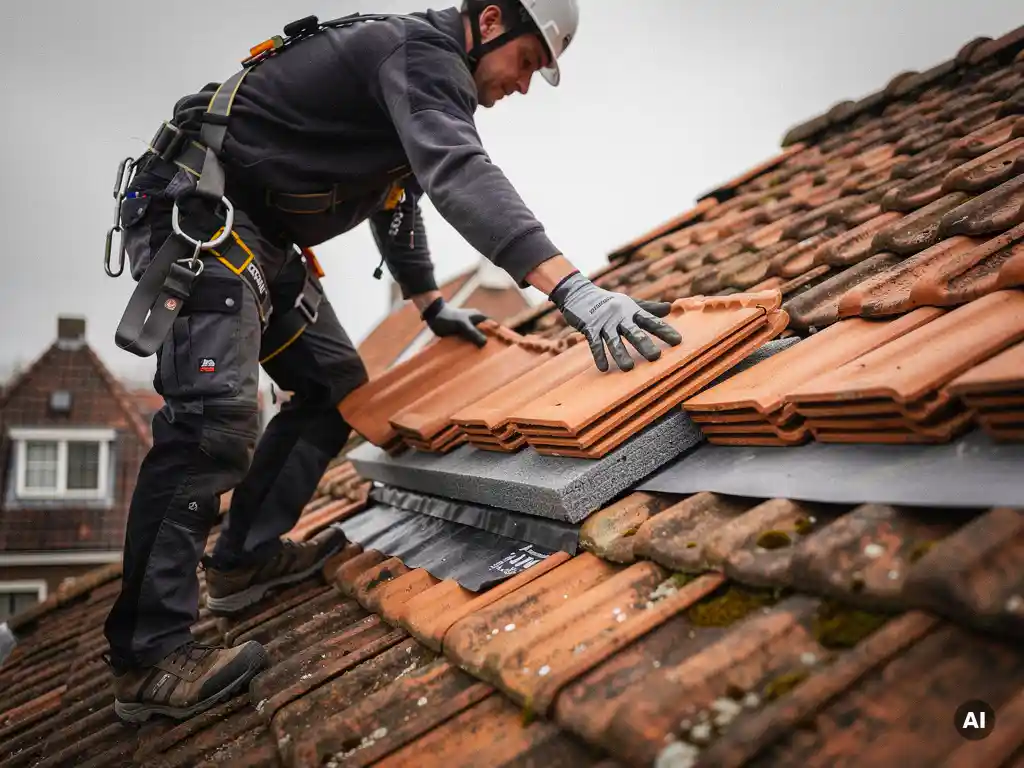 Dakspecialist in werkkleding die isolatiemateriaal onder terracotta dakpannen aanbrengt op een Nederlands woonhuis.