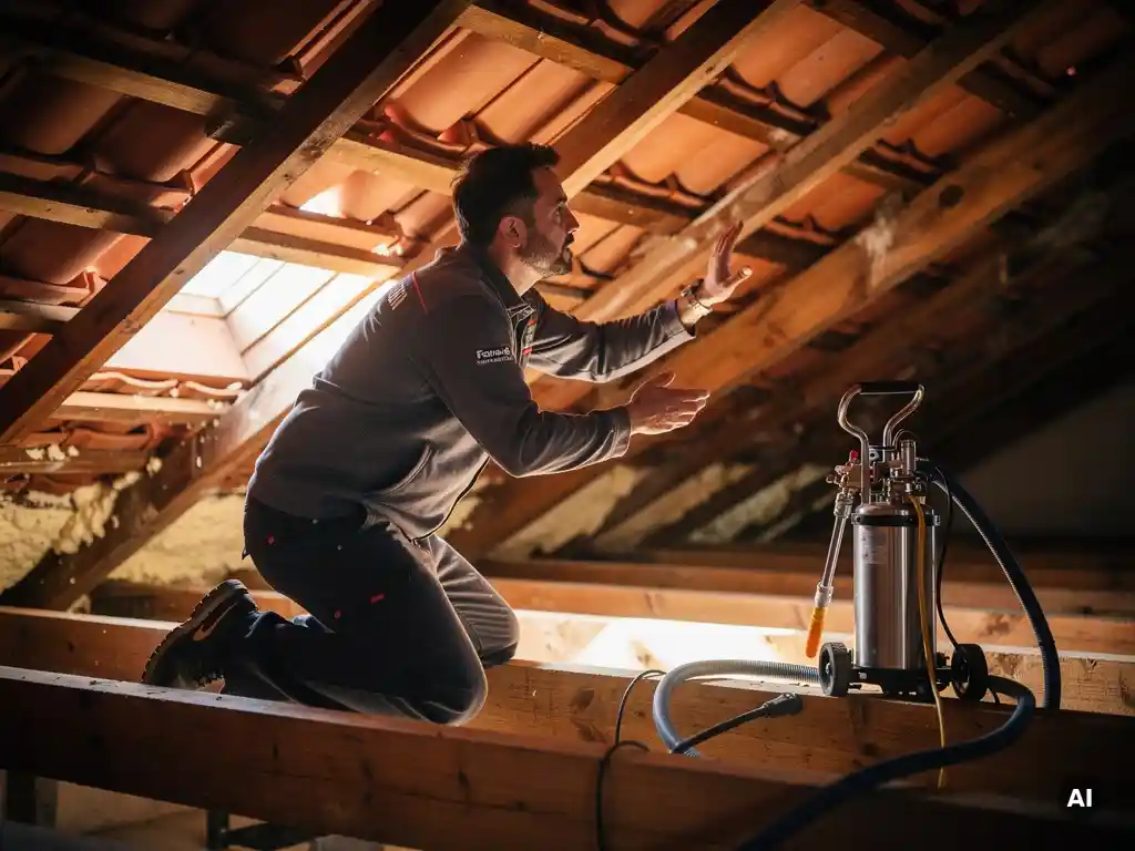 Gecertificeerde isolatiespecialist inspecteert dakconstructie van binnenuit, met spuitschuimapparatuur op verweerde dakbalken in warm amberkleurig zolderlicht.