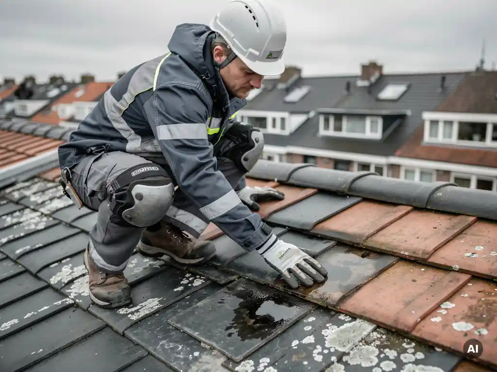 Dakisolatie specialist inspecteert beschadigd, vochtig dakpaneel op woning in Nederlandse buitenwijk.