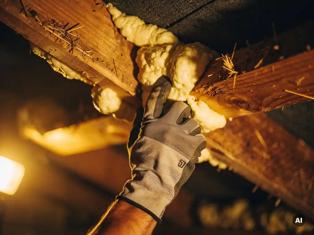 Gehandschoende hand die expansieschuim aanbrengt in een dakbalknaad vanuit een zolder, schuim dat de kier afdicht, houten gordingen zichtbaar op de achtergrond.