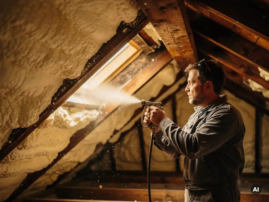 Werknemer spuit witte isolatieschuim tussen houten dakspanten in een zoldervloer, warm amberkleurig licht filtert door kleine kieren.
