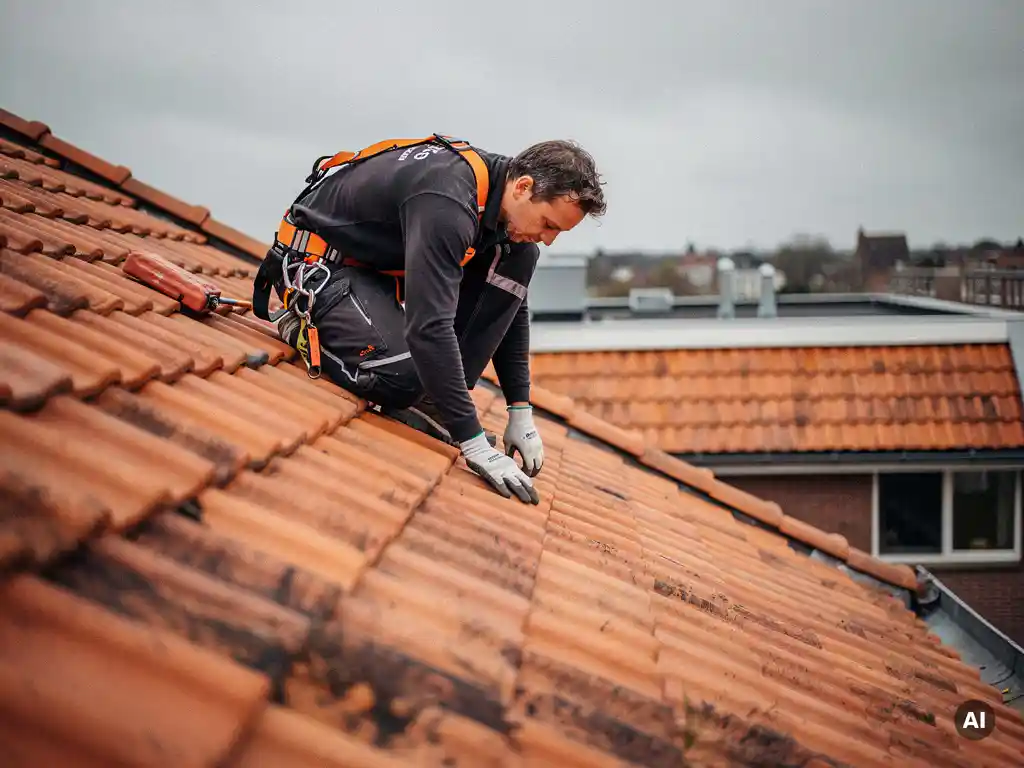 Dakwerker hurkt op steil terracotta pannendak en inspecteert dakisolatie met gehandschoende handen, bewolkte Nederlandse lucht op de achtergrond.