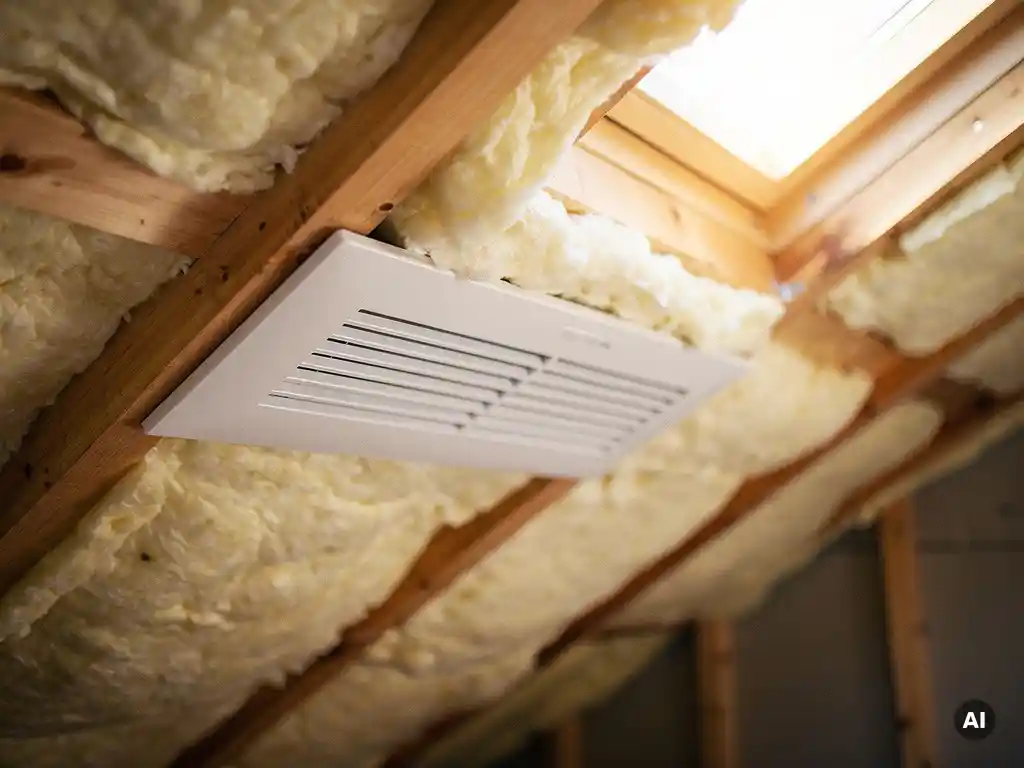 Witte ventilatierooster op geïsoleerd schuin dakplafond met mineraalwol tussen houten dakspanten en daglicht via dakraam.