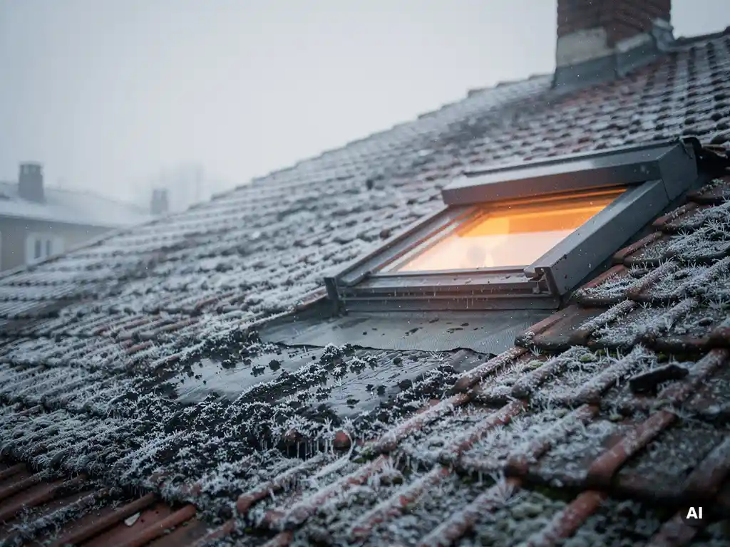 Verweerd dakpannen met vorstvorming en vochtige plekken, warme gloed door klein dakraam, zichtbaar warmteverlies in winter.