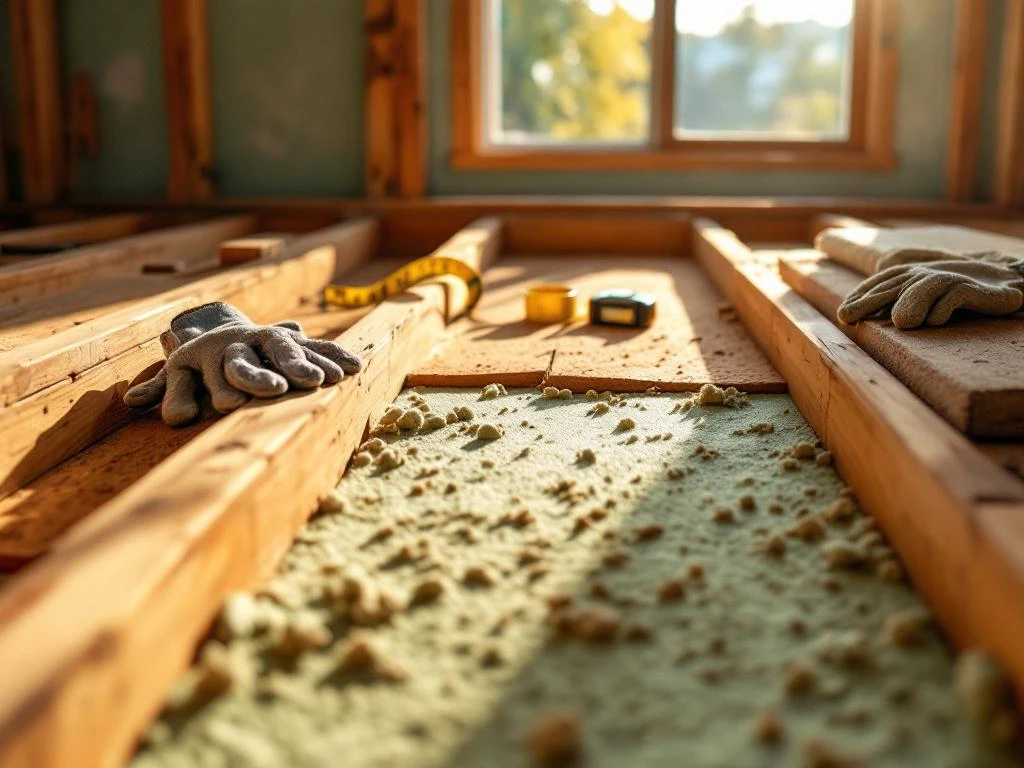 Houten vloerplanken opgetild om duurzame isolatiematerialen van kurk en hennepvezel tussen balken te tonen