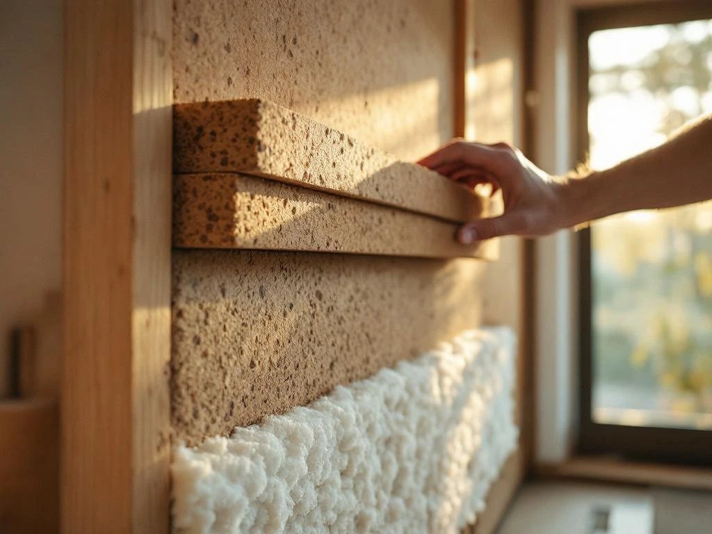 Doorsnede van moderne muur met duurzame isolatiematerialen: schapenwol, kurk en hennepvezel tussen houten balken