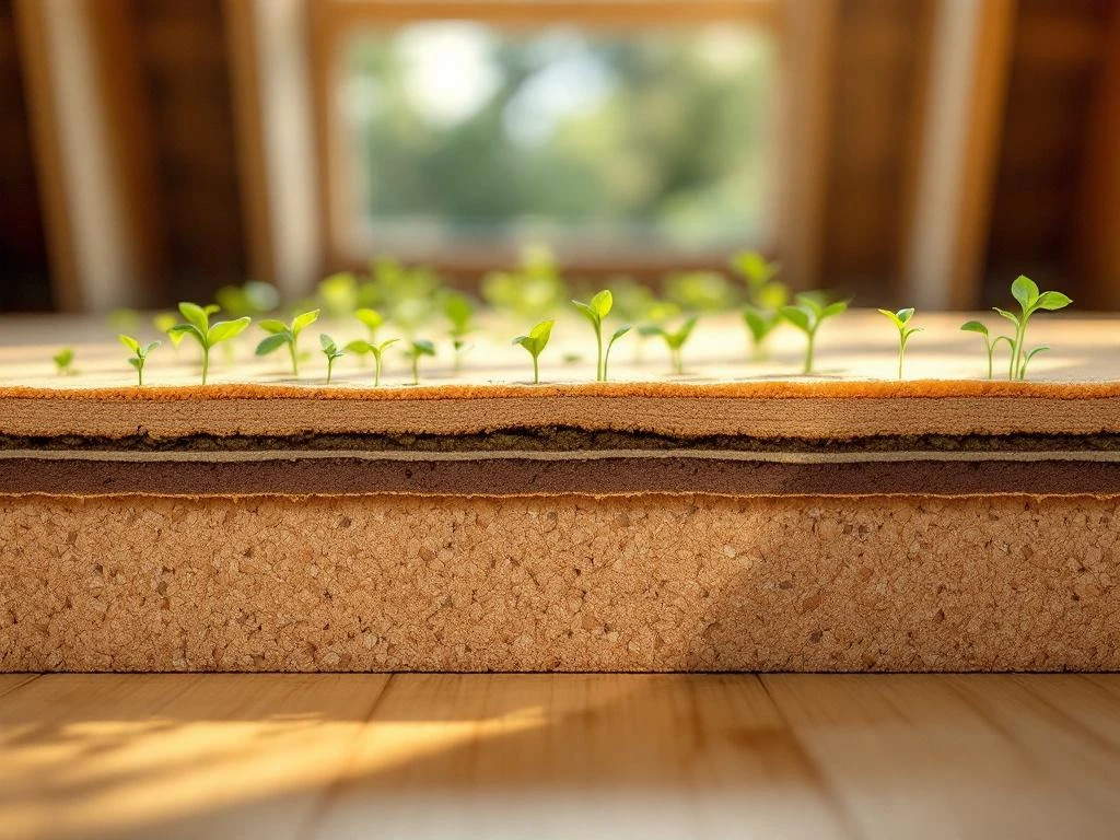 Doorsnede van huisvloer met ecologische isolatie van kurk en gerecycled hout onder houten vloerplanken