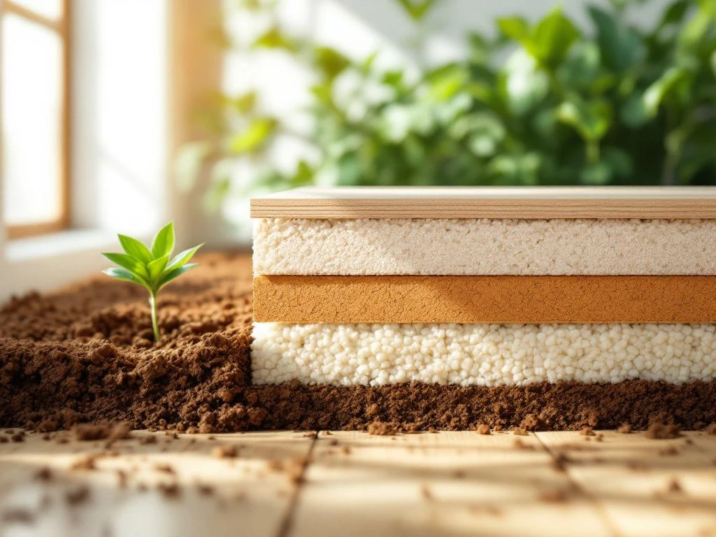 Dwarsdoorsnede van moderne huisfundering met ecovriendelijke vloerisolatie van kurk en gerecyclede wol onder houten vloer