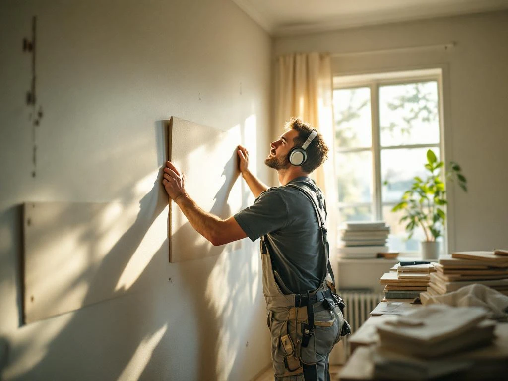 Bouwvakker installeert geluidsisolatiepanelen aan muur in woonkamer met natuurlijk licht door raam