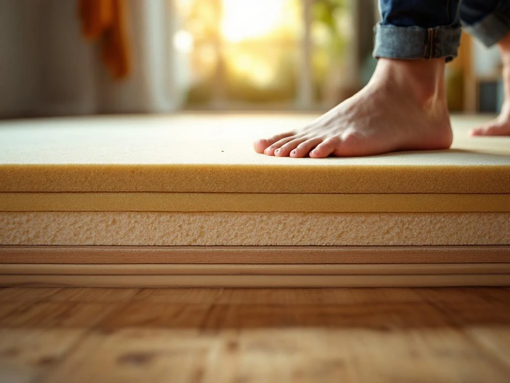 Dwarsdoorsnede van vloerconstructie met geluiddempende isolatie onder houten vloerplanken, voet comprimeert akoestisch schuim
