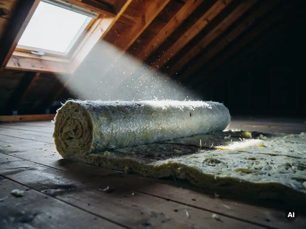 Glaswolrol uitgerold over houten zoldervloer, stofdeeltjes zichtbaar in een lichtstraal door dakraam, onafgewerkte zolderruimte op de achtergrond.