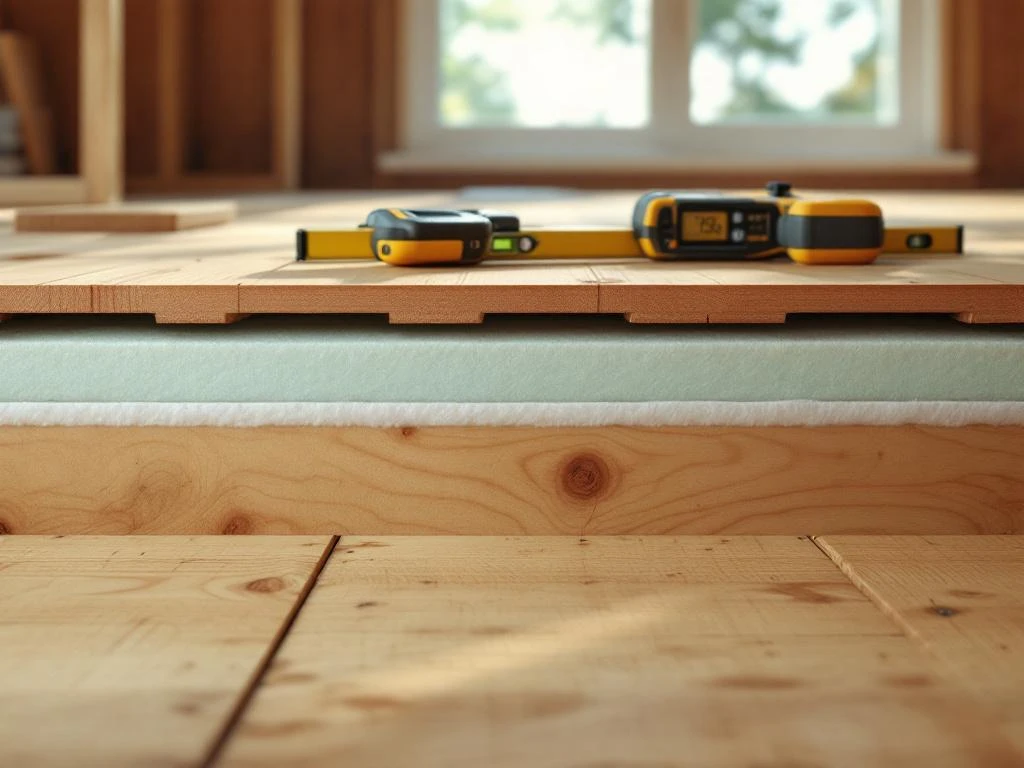 Doorsnede houten vloer met isolatiemateriaal, vochtbarrière en gereedschap zoals vochtmeter op afgewerkt oppervlak