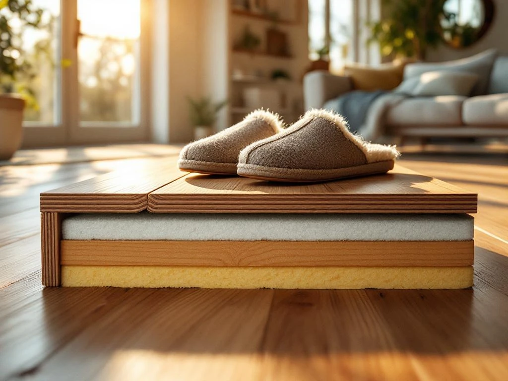 Doorsnede van houten vloer met isolatiematerialen eronder, wollen pantoffels erop, warme woonkamer met ochtendlicht