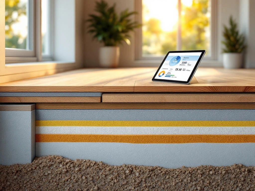 Doorsnede moderne huisfundering met geavanceerde isolatiematerialen onder houten vloer, tablet toont thermische data